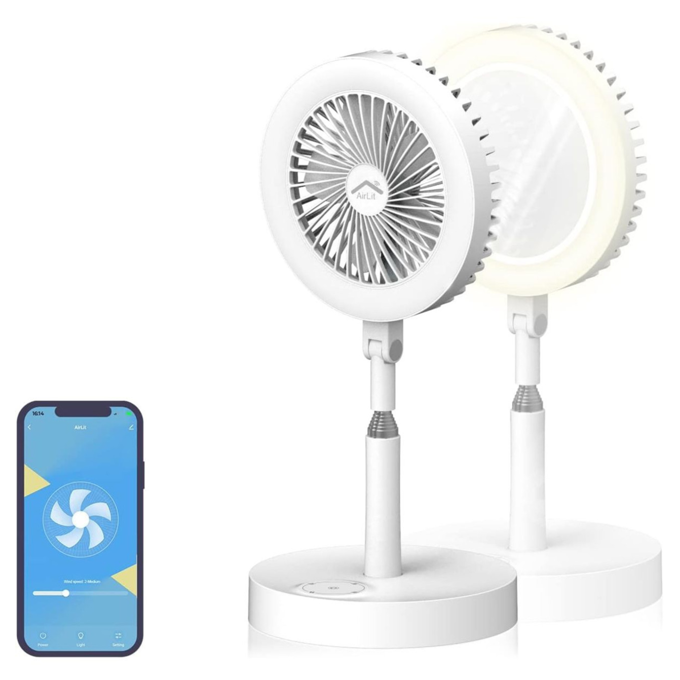 A white folding table fan with a built-in LED light, featuring adjustable ventilation settings and a smartphone app for remote control.