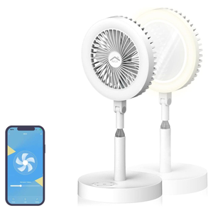 A white folding table fan with a built-in LED light, featuring adjustable ventilation settings and a smartphone app for remote control.