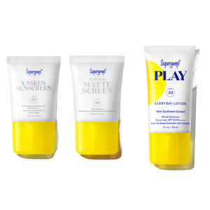 Supergoop! SPF Starter Kit includes Unseen Sunscreen SPF 50, Mineral Matte Screen SPF 40, and PLAY Everyday Lotion SPF 50. Each offers broad spectrum protection; Unseen is invisible, Matte Screen is mineral-based, and PLAY is water-resistant with sunflower extract.