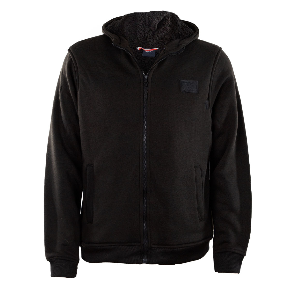 Black Reebok Sherpa Fleece Jacket with a zip-up front, two side pockets, ribbed cuffs, and a hood lined with soft Sherpa material for extra warmth.