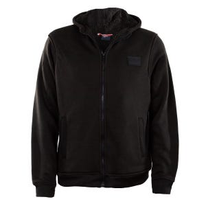 Black Reebok Sherpa Fleece Jacket with a zip-up front, two side pockets, ribbed cuffs, and a hood lined with soft Sherpa material for extra warmth.