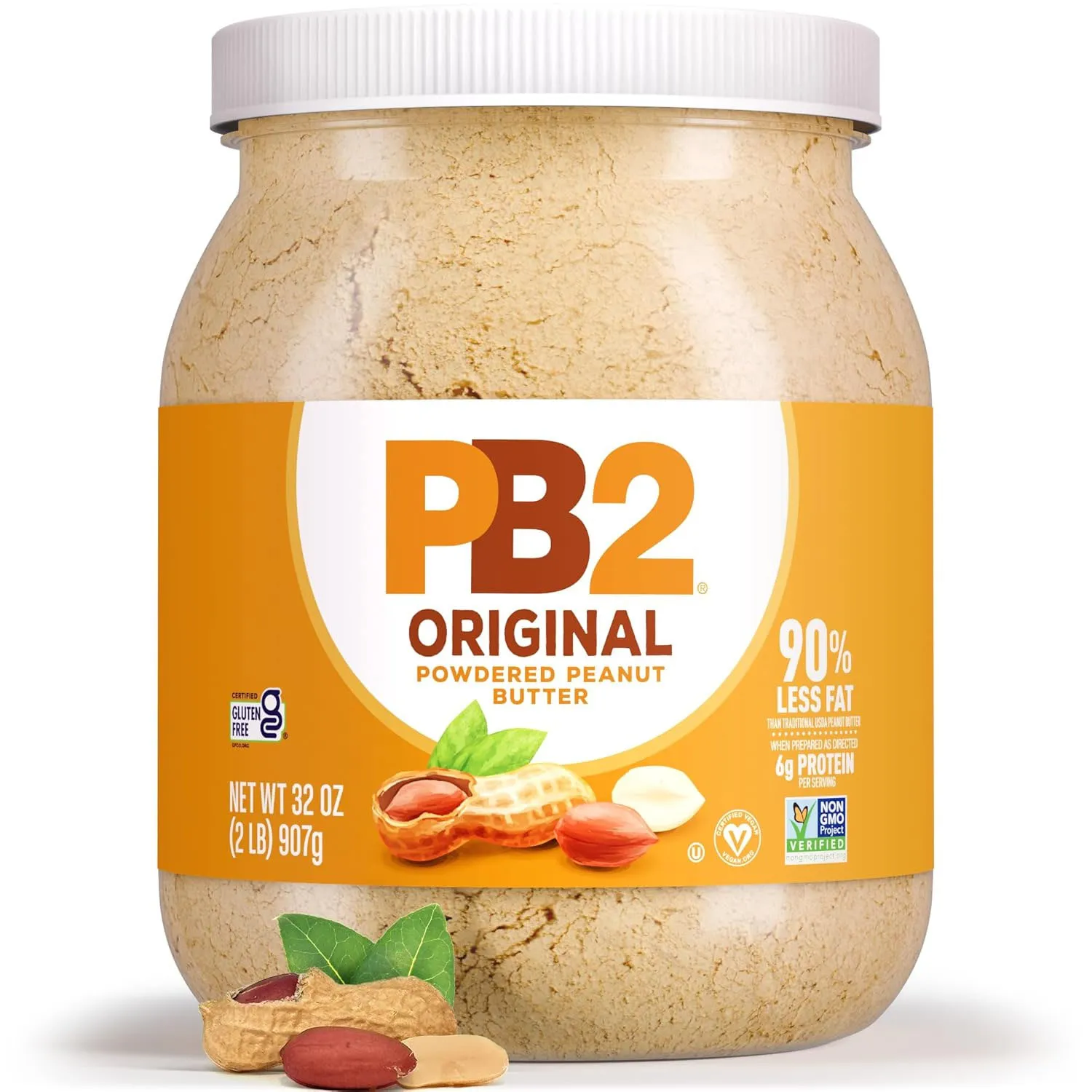 PB2 Original Powdered Peanut Butter, 907g (32 oz), offers 90% less fat than traditional peanut butter, is gluten-free, non-GMO, and provides 6g of protein per serving.