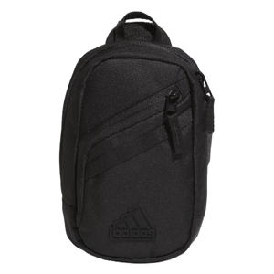 Black Adidas mini crossbody bag with a textured finish, featuring two zippered compartments and an adjustable strap. The Adidas logo is embossed on the lower front.