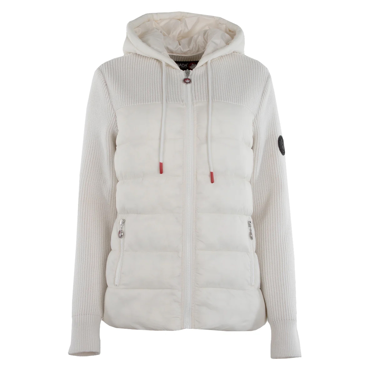 White hooded puffer jacket with knit sleeves and zipper details.
