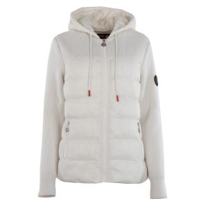 White hooded puffer jacket with knit sleeves and zipper details.