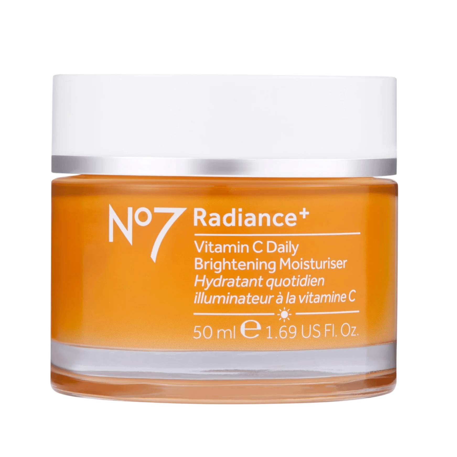 No7 Radiance+ Vitamin C Daily Brightening Moisturiser, 50 ml (1.69 US Fl. Oz.), designed to illuminate the skin with vitamin C.