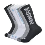 A set of five pairs of socks in varying shades of grey and white, each featuring the name \“Messi\“ on the sides.