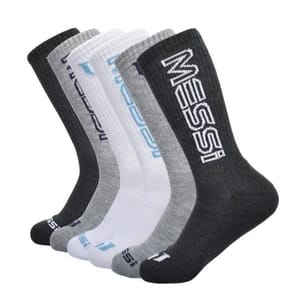 A set of five pairs of socks in varying shades of grey and white, each featuring the name \“Messi\“ on the sides.