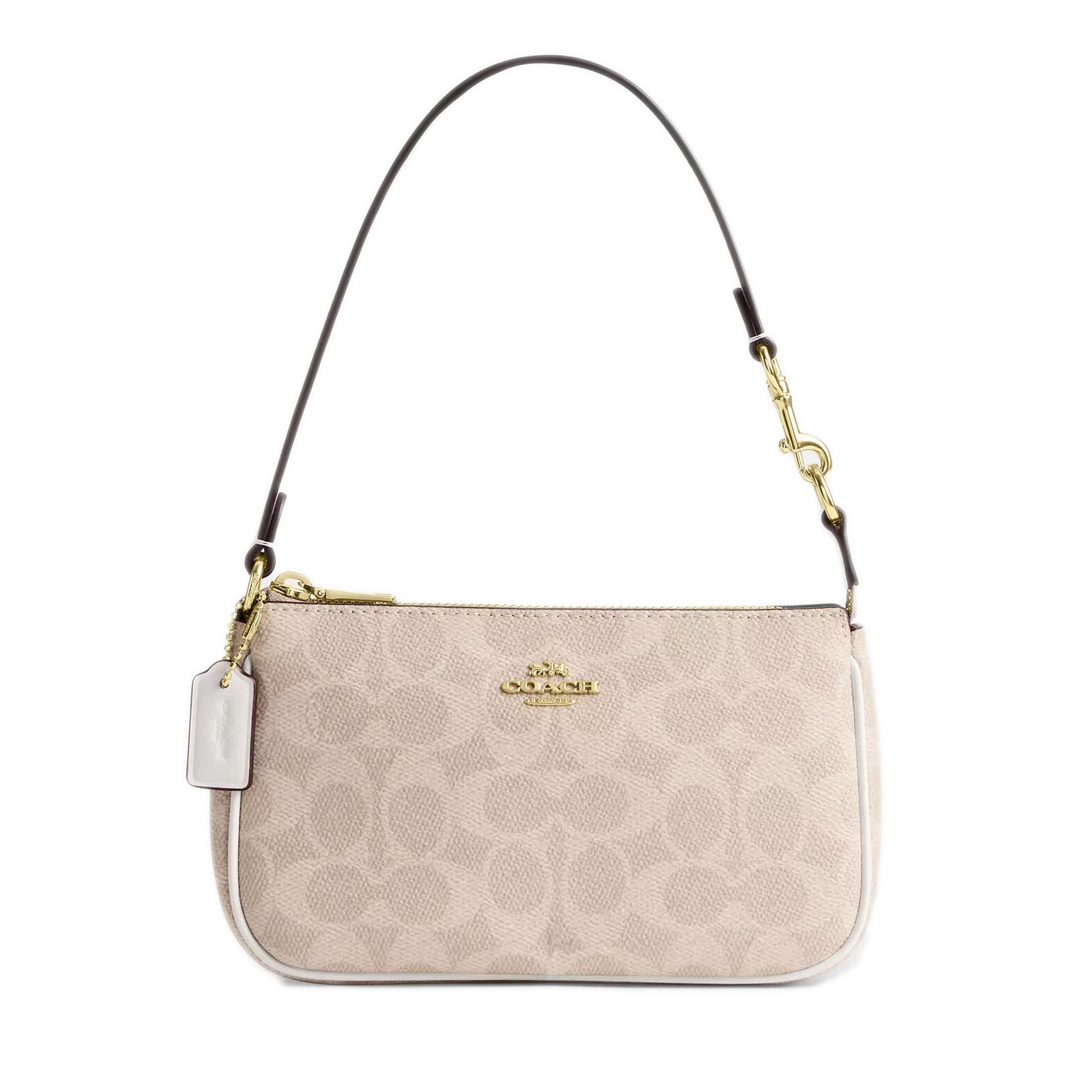 The Coach Nolita 19 Handbag is a compact shoulder bag with a gold logo and zippered closure, featuring a light beige signature canvas design and a detachable dark strap with gold hardware.