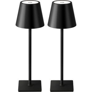 Two black cordless LED table lamps with a sleek design, featuring a conical shade, slender stand, and square base, suitable for modern decor.