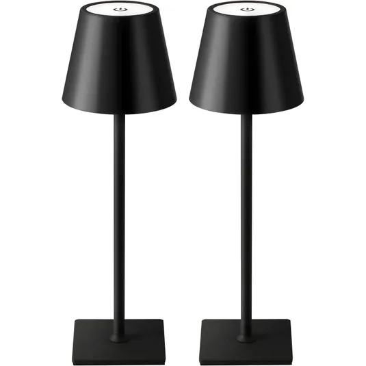 Two black cordless LED table lamps with a sleek design, featuring a conical shade, slender stand, and square base, suitable for modern decor.