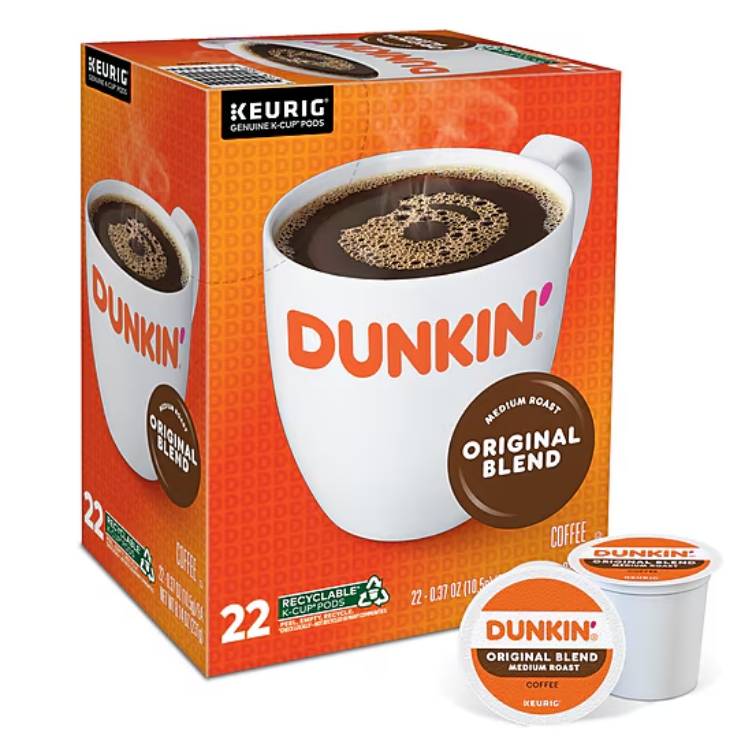 Dunkin' Original Blend Medium Roast coffee pods for Keurig machines, package contains 22 recyclable K-Cup pods.