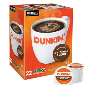 Dunkin' Original Blend Medium Roast coffee pods for Keurig machines, package contains 22 recyclable K-Cup pods.