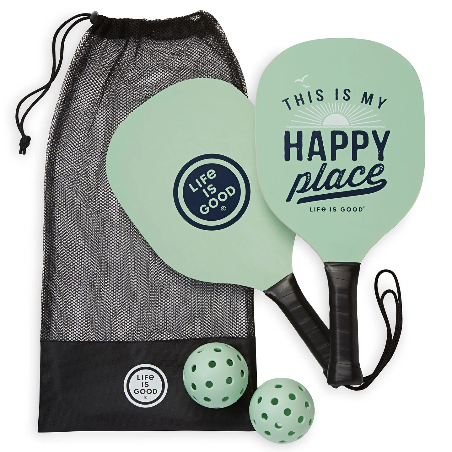 Pickleball set with two mint green paddles and two perforated balls, featuring \“Life is Good\“ branding and a mesh carrying bag.