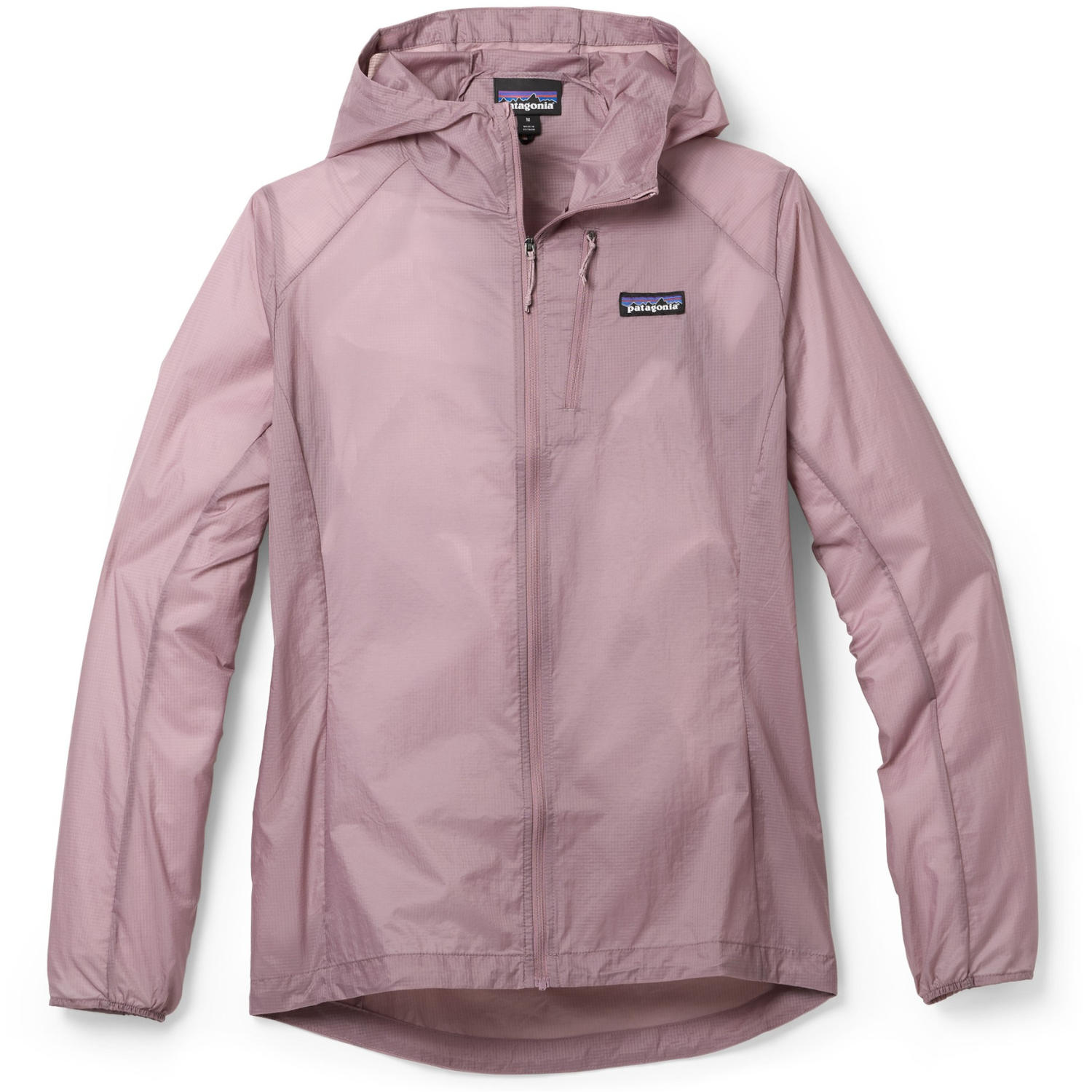 A lightweight, hooded, pink jacket with a full front zipper and a zippered chest pocket, featuring the Patagonia logo on the front.