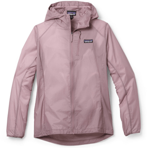 A lightweight, hooded, pink jacket with a full front zipper and a zippered chest pocket, featuring the Patagonia logo on the front.