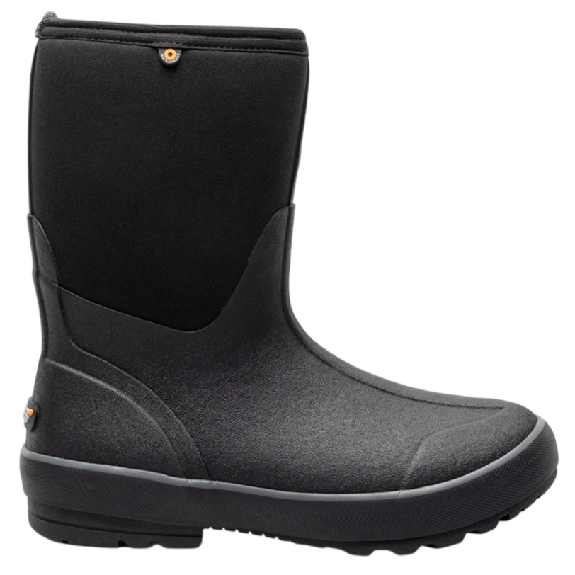A black, mid-calf neoprene and rubber waterproof boot designed for cold weather, featuring a textured sole for traction.