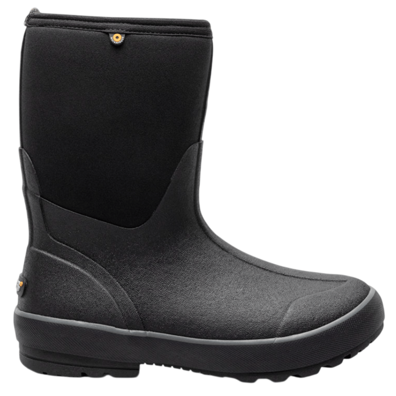 A black, mid-calf neoprene and rubber waterproof boot designed for cold weather, featuring a textured sole for traction.