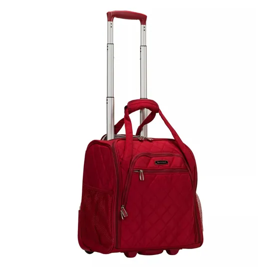 Red rolling travel tote with quilted fabric, zippered compartments, side mesh pockets, and telescopic handle.