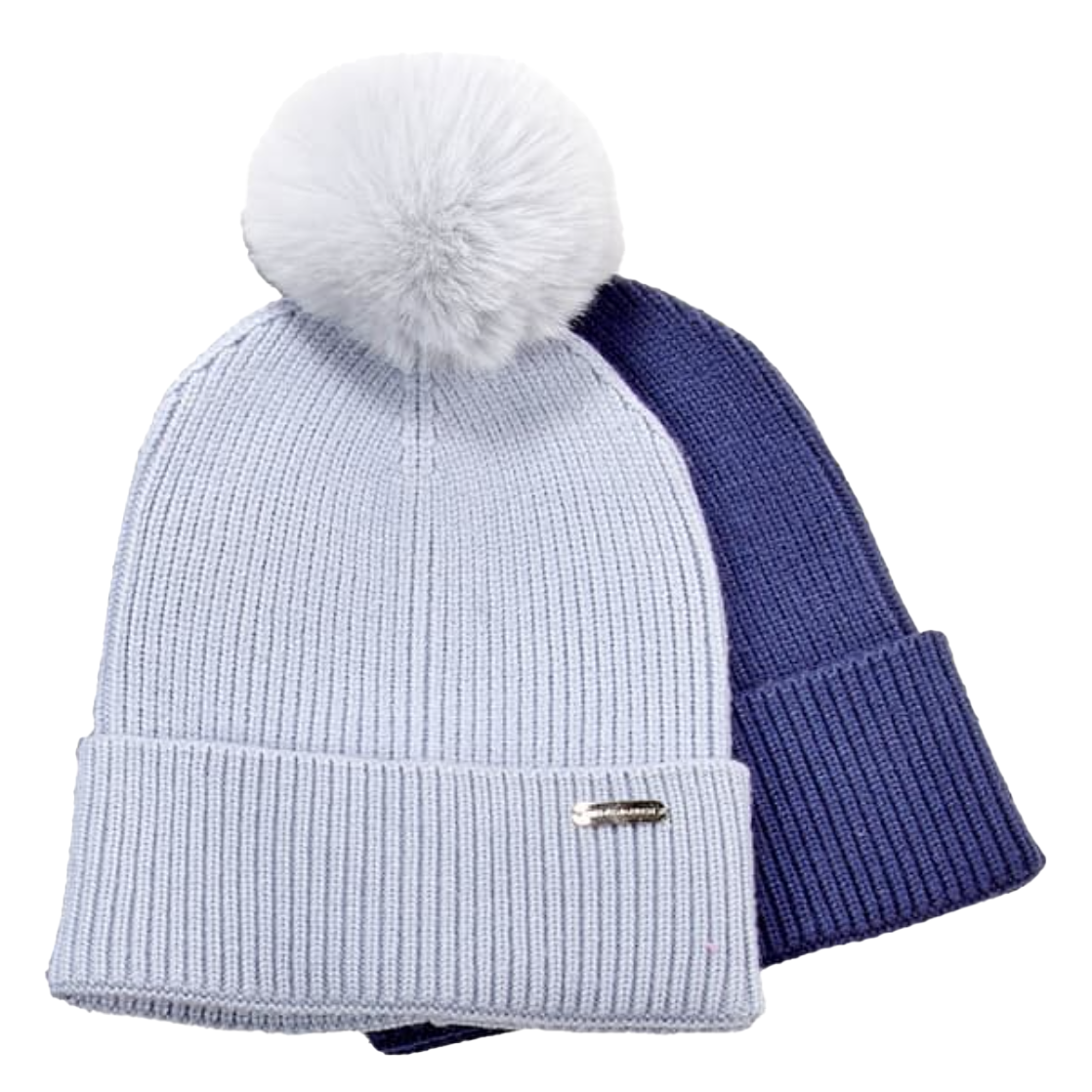 Two knit beanies, one light gray with a pom-pom and metal logo detail, and one solid navy, are displayed overlapping each other.