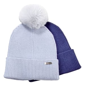 Two knit beanies, one light gray with a pom-pom and metal logo detail, and one solid navy, are displayed overlapping each other.