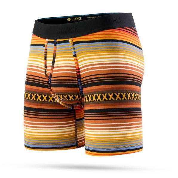 Striped boxer briefs with a mix of orange, red, yellow, and black horizontal stripes and a black waistband.