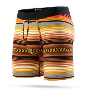 Striped boxer briefs with a mix of orange, red, yellow, and black horizontal stripes and a black waistband.