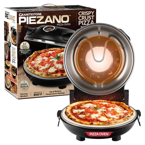 The Granitestone Piezano Electric Pizza Oven features a stone base for crispy crusts, a 12-inch stone surface, and both top and bottom temperature settings up to 800°F.
