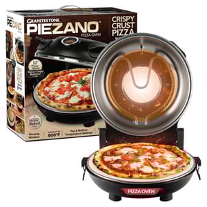 The Granitestone Piezano Electric Pizza Oven features a stone base for crispy crusts, a 12-inch stone surface, and both top and bottom temperature settings up to 800°F.