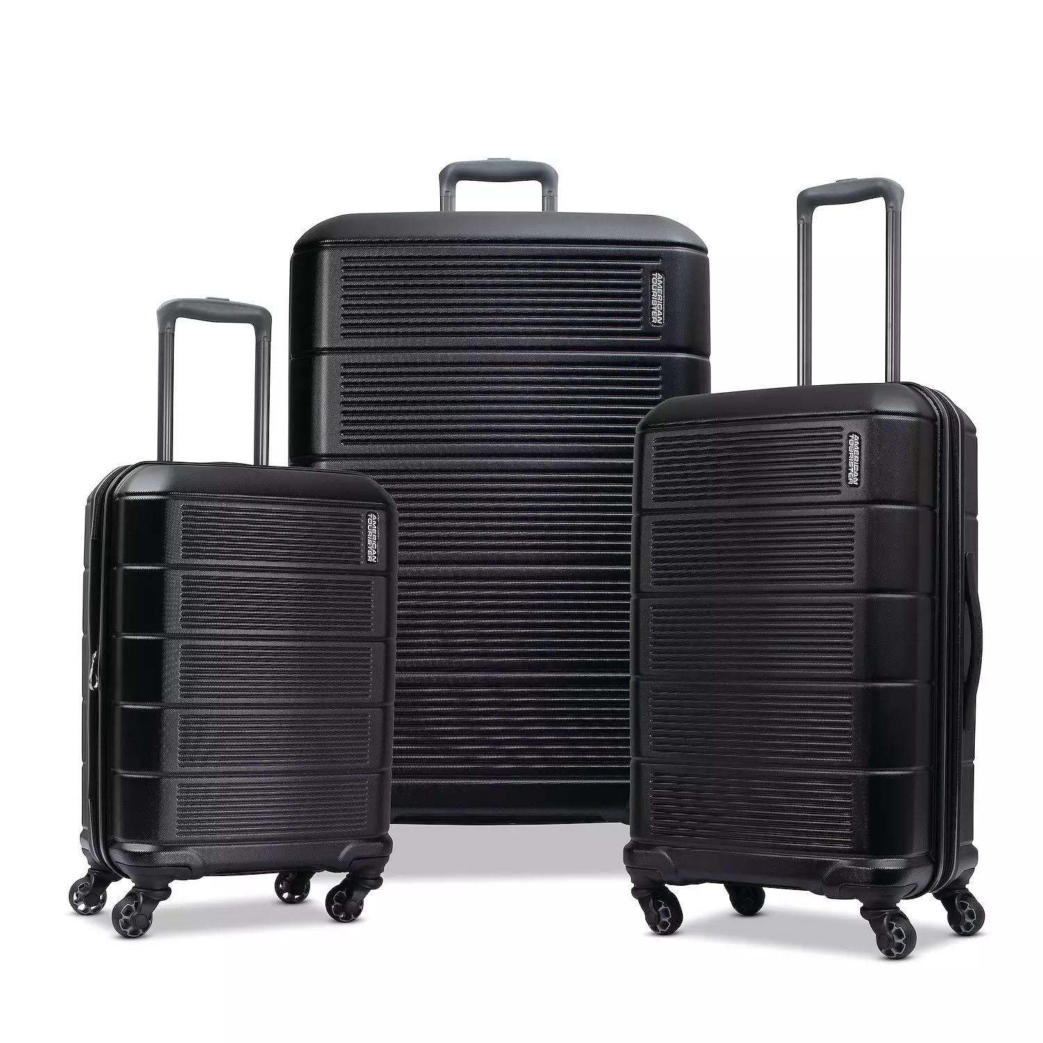 Three black hardshell suitcases of varying sizes with four spinner wheels and telescopic handles.