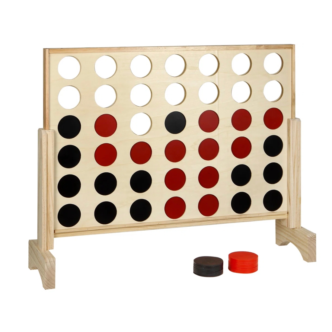 Giant Four in a Row Game Set with a wooden frame, features a grid for inserting red and black discs. The objective is to get four discs in a row vertically, horizontally, or diagonally. Ideal for outdoor or indoor play.