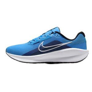 Blue Nike running shoe with a prominent white swoosh logo, featuring a cushioned white midsole and a black interior lining.