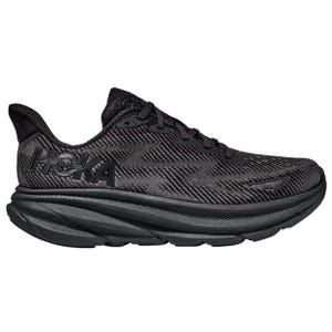 Hoka Men's Clifton 9 Running Shoes feature a sleek all-black design with a thick, cushioned sole for added comfort and a lightweight, breathable upper.