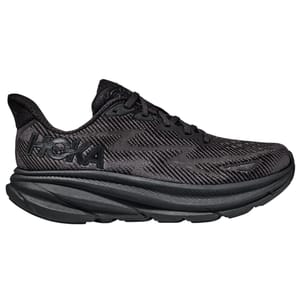 Hoka Men's Clifton 9 Running Shoes feature a sleek all-black design with a thick, cushioned sole for added comfort and a lightweight, breathable upper.