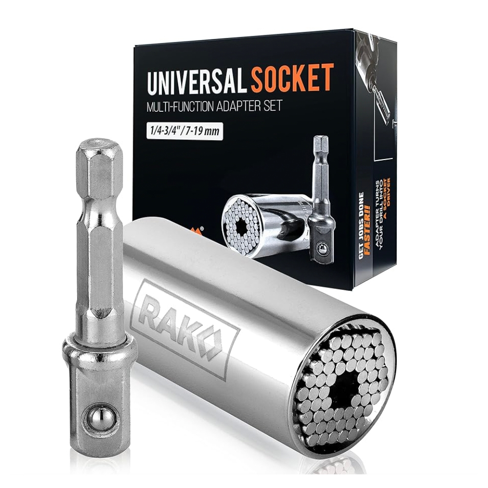 Universal socket wrench adapter tool with a drill bit attachment, showcasing compatibility with various nuts and bolts from 7-19mm.