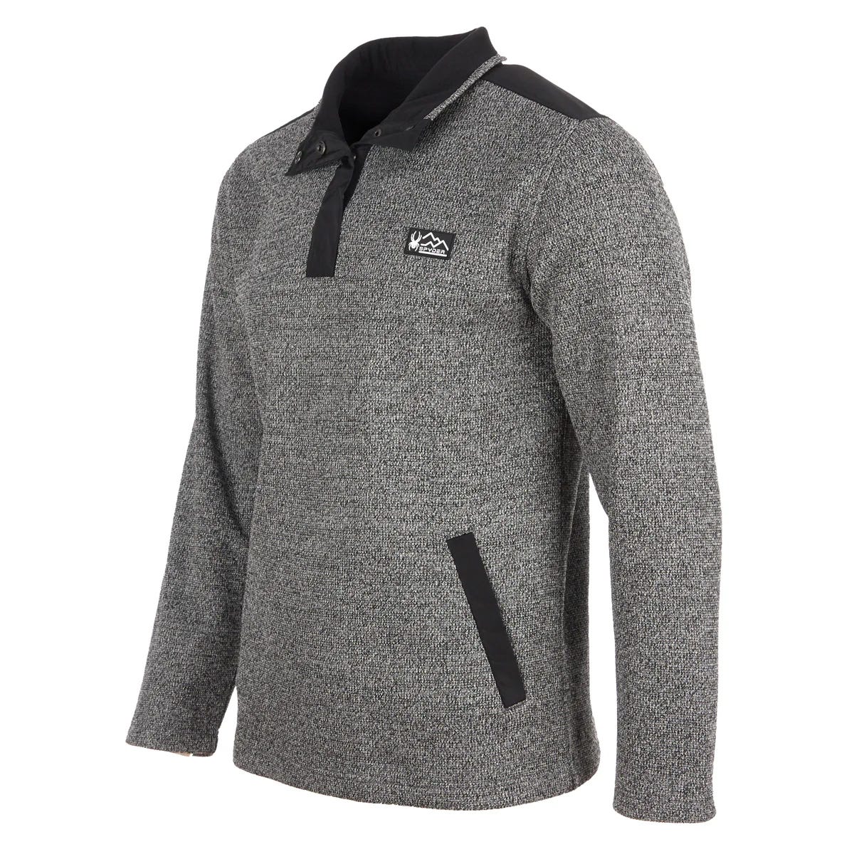 Grey long-sleeve pullover with a textured pattern, featuring a black shoulder patch, buttoned collar, and a small logo on the chest. Includes vertical black trim on the pocket.