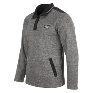 Grey long-sleeve pullover with a textured pattern, featuring a black shoulder patch, buttoned collar, and a small logo on the chest. Includes vertical black trim on the pocket.
