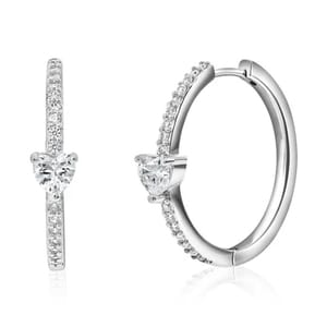 A pair of silver hoop earrings adorned with small sparkling stones and a central heart-shaped gem.
