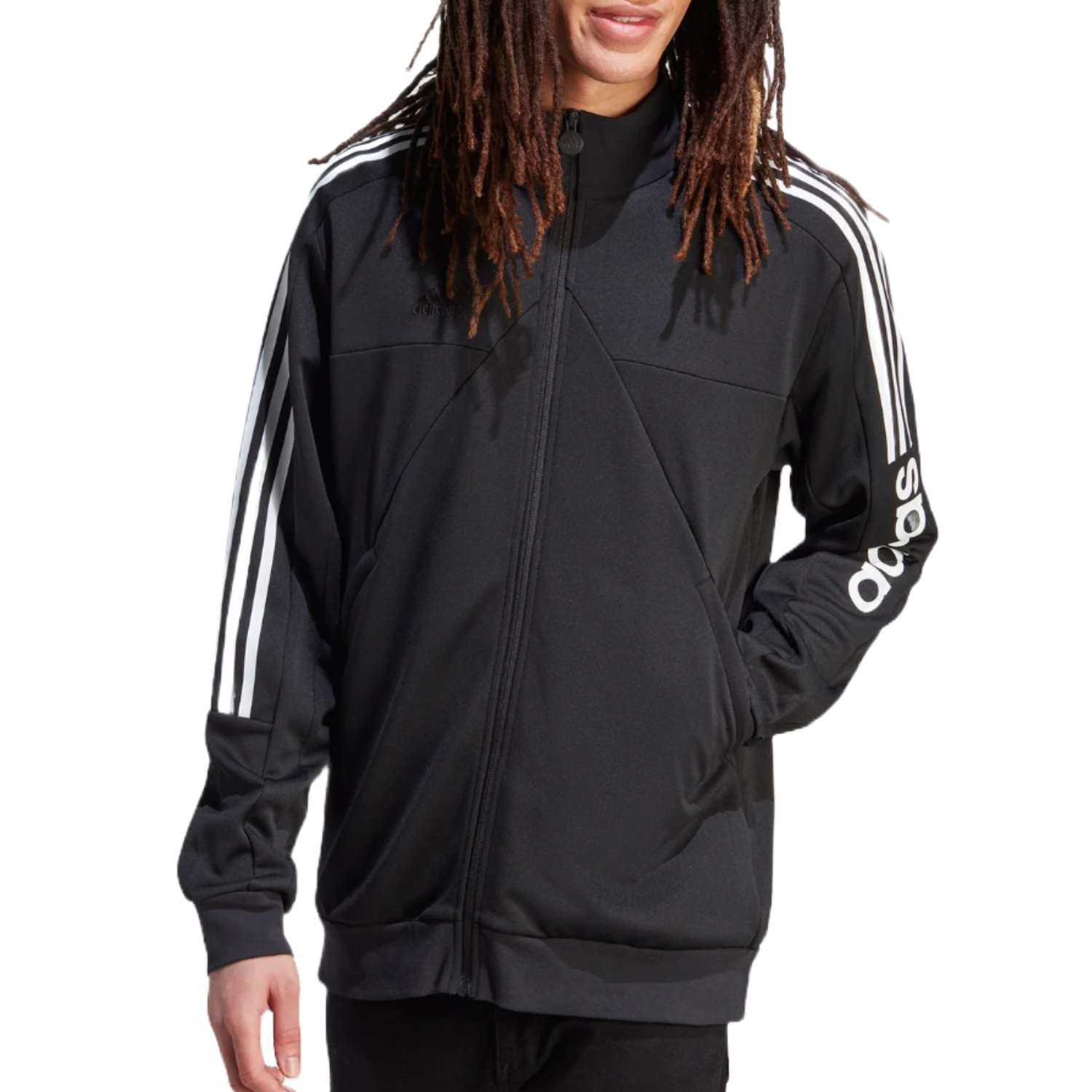 Black Adidas track jacket featuring white three-stripe detailing along the shoulders and sleeves, with \“Adidas\“ written on the left sleeve. It has a full zip closure and side pockets.