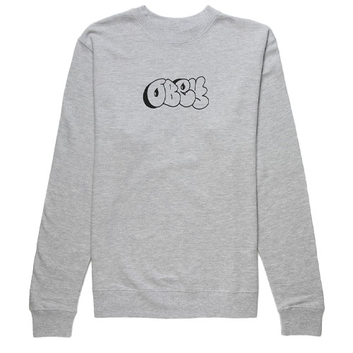 Gray crewneck sweatshirt with a black graffiti-style logo reading \“OBEY\“ on the front.