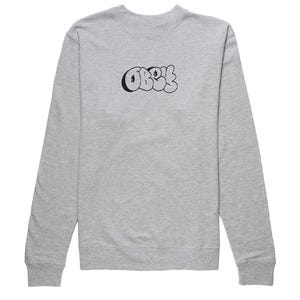 Gray crewneck sweatshirt with a black graffiti-style logo reading \“OBEY\“ on the front.