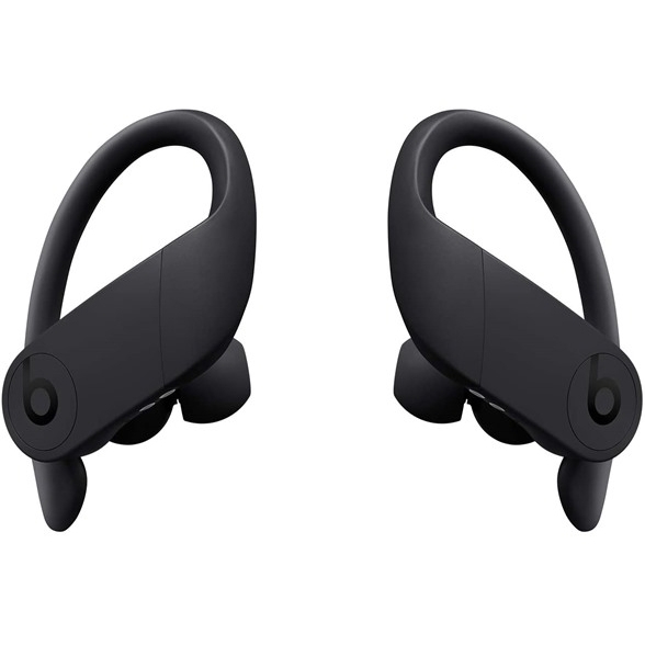 Wireless earbuds with over-ear hooks and the Beats logo, designed for secure and comfortable fit.