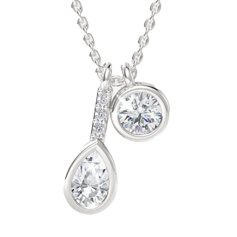 A silver chain necklace with two pendants: one circular and one teardrop-shaped, both featuring sparkling round-cut stones.