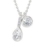 A silver chain necklace with two pendants: one circular and one teardrop-shaped, both featuring sparkling round-cut stones.