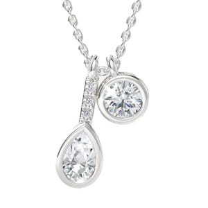 A silver chain necklace with two pendants: one circular and one teardrop-shaped, both featuring sparkling round-cut stones.