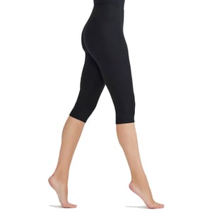 High-waisted black capri leggings, worn by a person walking on tiptoe, extending to just below the knees.