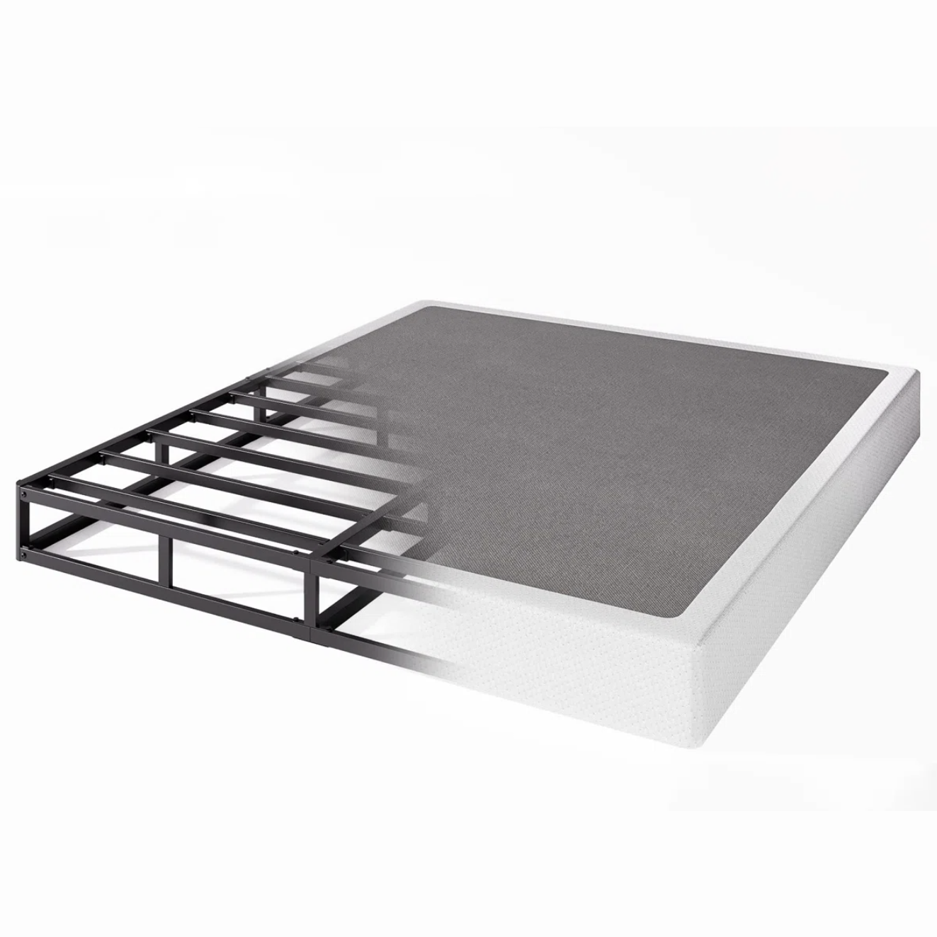 A metal bed frame with a grid-like support structure is shown, partially covered by a protective fabric layer.