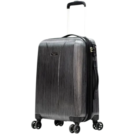 A dark gray hard-shell suitcase with a telescopic handle and four double spinner wheels for easy maneuverability.