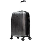 A dark gray hard-shell suitcase with a telescopic handle and four double spinner wheels for easy maneuverability.