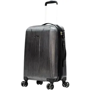 A dark gray hard-shell suitcase with a telescopic handle and four double spinner wheels for easy maneuverability.